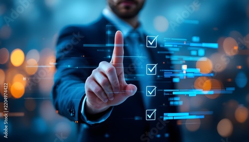 Businessman pointing at digital holographic checklist interface with check marks representing task completion, project management, and quality control.
