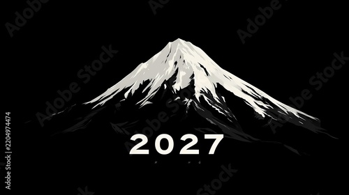 Minimalist 2027 Happy New Year Graphic with Snowy Mountain Peak on Black Background