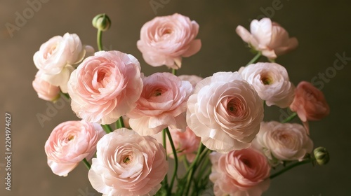 Ranunculus delicate texture focus on realistic Blend mode vintage vanity backdrop.