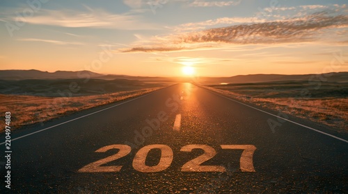 Road Leading to Bright Sunlight with the Year 2027 Inscription on Asphalt Highway at Sunset
