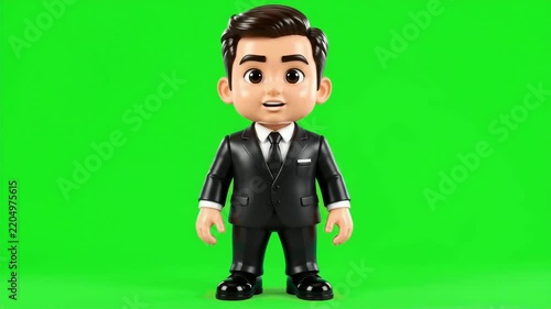 3D animated businessman character smiling and blinking on green screen