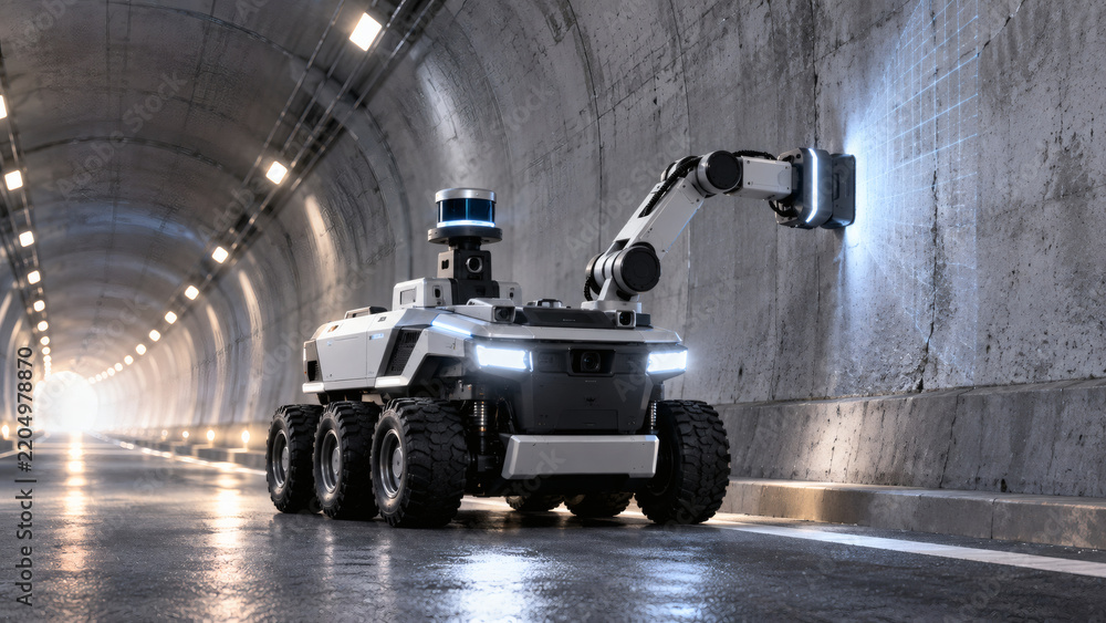 Fototapeta premium Autonomous robotic inspection vehicle scanning a concrete tunnel interior, AI generated