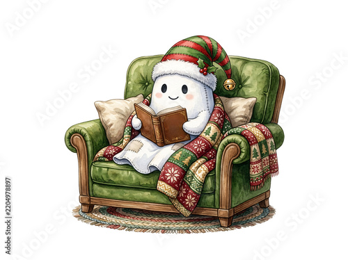 Cozy Christmas Ghost In Nightcap Reading Book In Green Armchair