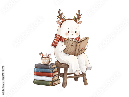 Cute Reindeer Ghost Sitting On Stool Reading Book With Hot Cocoa