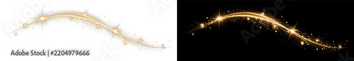 Radiant golden sparkle PNG overlay with luminous curved trail and glitter particles, on transparent background