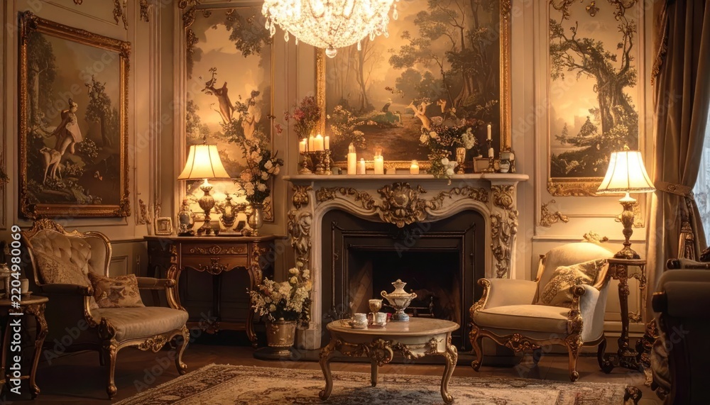 Fototapeta premium Elegant Victorian living room with fireplace and warm lighting