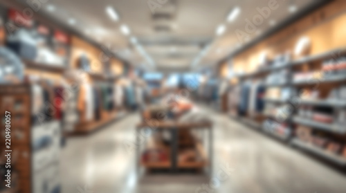 Blurred retail store interior with clothing and merchandise displays.
