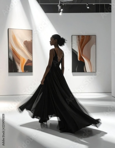 Elegant woman in black gown viewing gallery art.