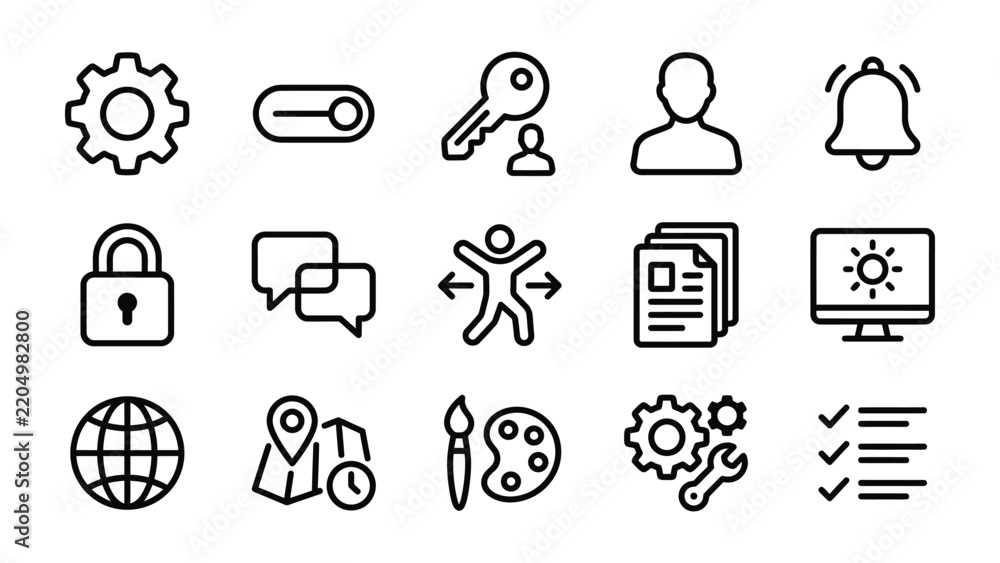 Fototapeta premium Set of Interface Icons: A collection of clean, modern icons representing various digital interface elements like settings, user profiles, notifications, and more, perfect for web and app design.