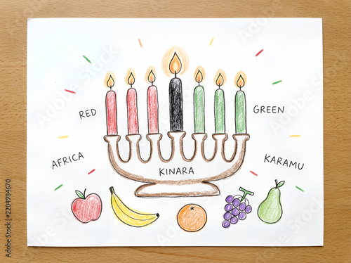 Clean minimal illustration: child drawing a Kinara and fruits, thin hand-drawn outlines, two-tone flat accents, paper grain