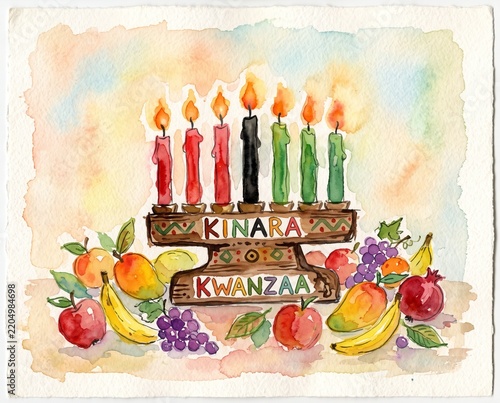 Kwanzaa kinara with colorful candles and fruit arrangement in a watercolor style
