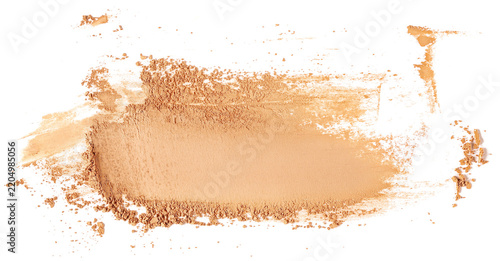 Crushed face powder swatch isolated on white background, top view