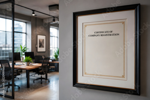 Framed certificate of incorporation displayed in an office, mockup of a business document on a wall in black, white and red accents