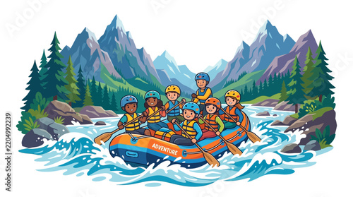 Diverse group white water rafting in mountain river.
