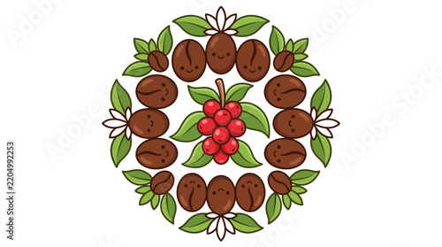 Circular arrangement of coffee beans and red berries.