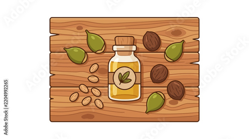Argan oil bottle with nuts on wooden background.