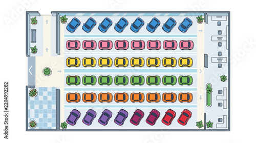 Top down view of colorful parking lot with organized cars