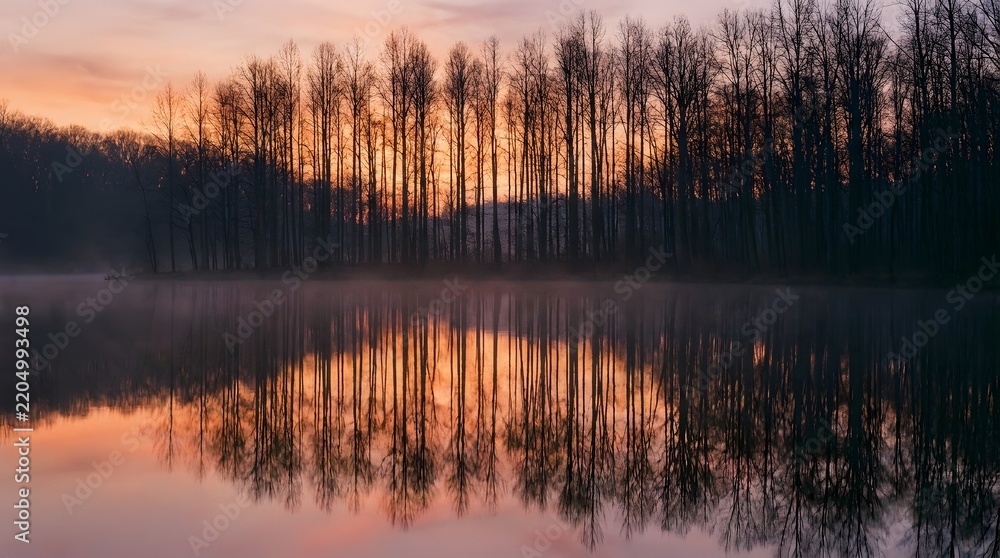 Fototapeta premium Serene sunrise over a tranquil lake reflects the sky’s hues into the still water surrounded by dense forest trees for peaceful nature photography.