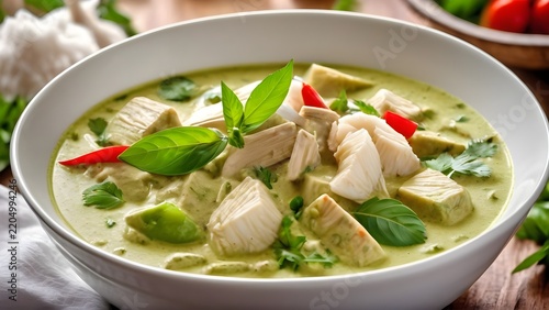 Bowl of green curry with chicken, vegetables and seafood, happy mood food dish with prominent colors and visual style