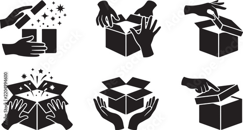 Set of six black and white showing human hands opening various cardboard boxes with magical sparkles and stars emerging from inside