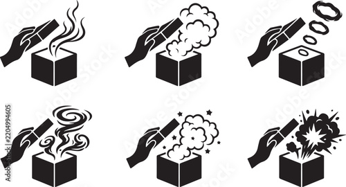 Set of six black and white showing hands opening boxes with various types of smoke, steam, clouds, and explosive bursts emerging out