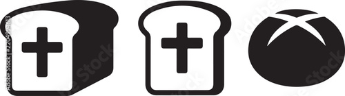 Set of three black and white bread featuring a loaf with a cross, a rectangular loaf with a cross, and a round bun with a cross, isolated