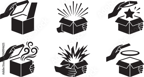 Six black and white showing hands opening boxes with various contents including a star, smoke, light rays, and a glowing ring symbol inside