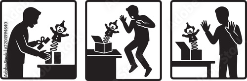 Three panel black and white comic style showing a man opening a box and getting surprised by a jack in the box clown toy popping