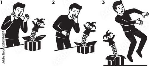 Three step black and white sequence showing a person reacting to a jack in the box toy popping out with surprise, laughter, and shock