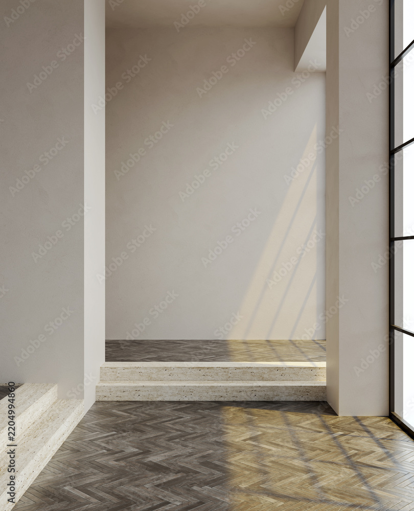 Fototapeta premium 3D rendering, 3d illustration, Large Luxury modern living room interior, brutalist architecture realistic lighting, Graphic Overlay wide angle, contemporary furniture, clean lines, minimalist decor,