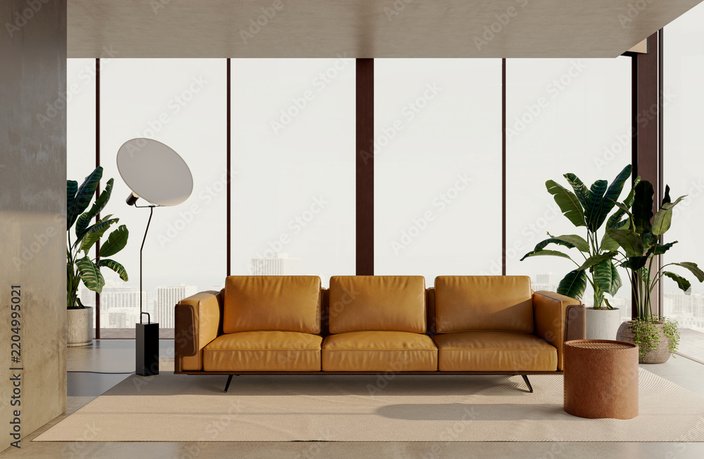 Fototapeta premium 3D rendering, 3d illustration, Large Luxury modern living room interior, brutalist architecture realistic lighting, Graphic Overlay wide angle, contemporary furniture, clean lines, minimalist decor,