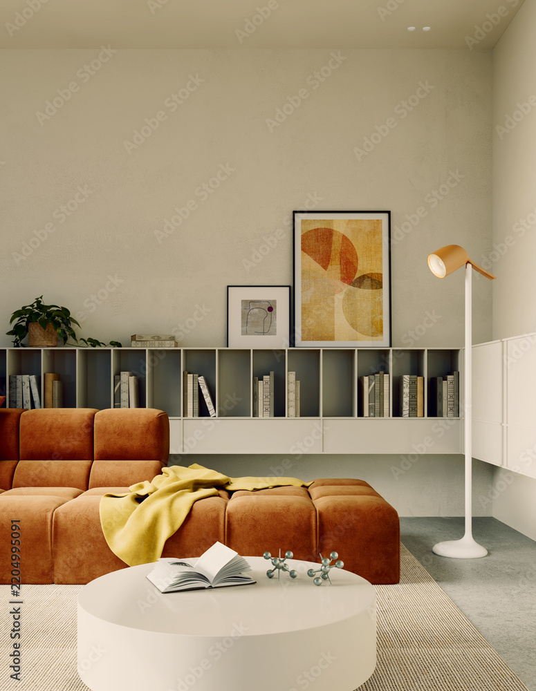 Fototapeta premium 3D rendering, 3d illustration, Large Luxury modern living room interior, brutalist architecture realistic lighting, Graphic Overlay wide angle, contemporary furniture, clean lines, minimalist decor,