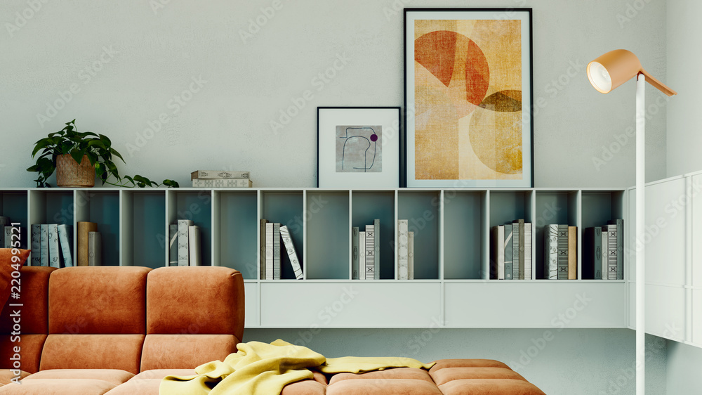 Obraz premium 3D rendering, 3d illustration, Large Luxury modern living room interior, brutalist architecture realistic lighting, Graphic Overlay wide angle, contemporary furniture, clean lines, minimalist decor,