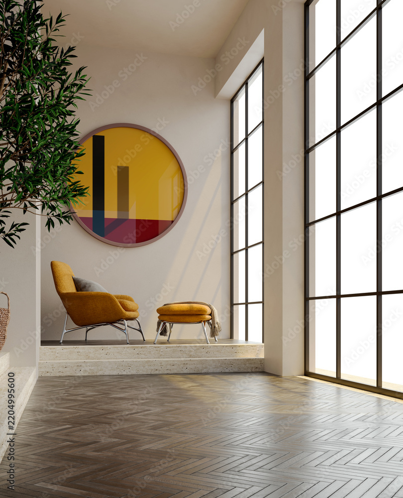 Obraz premium 3D rendering, 3d illustration, Large Luxury modern living room interior, brutalist architecture realistic lighting, Graphic Overlay wide angle, contemporary furniture, clean lines, minimalist decor,