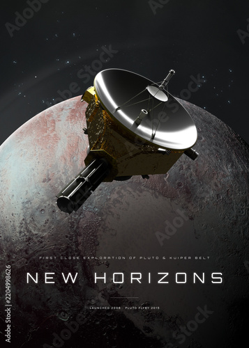 New Horizons Spacecraft Above Pluto's Curved Horizon, Space Exploration Poster