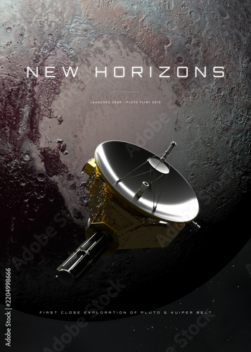 New Horizons Spacecraft with Pluto in the Background, Space Exploration Poster