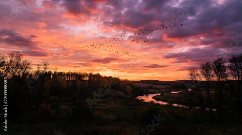 Flock of birds flying across a colorful sunset sky filled with dramatic clouds over a distant forest and winding river colorful dramatic landscape twilight wildlife migration silhouette