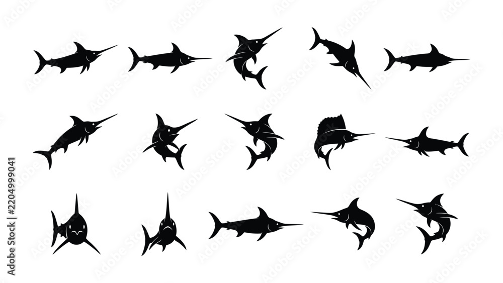 Fototapeta premium Silhouettes of Marlin and Swordfish: A collection of black silhouettes depicting various poses and angles of marlin and swordfish, showcasing their distinctive bill and powerful forms.