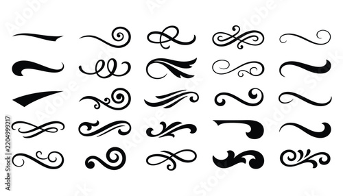 Collection of black calligraphic decorative flourishes and vintage text dividers with hand drawn fancy line text ornament swirly line design element