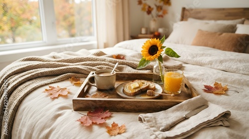 Cozy autumn morning bed breakfast tray with coffee orange juice toast sunflower breakfast sunflower lifestyle relaxation interior vacation