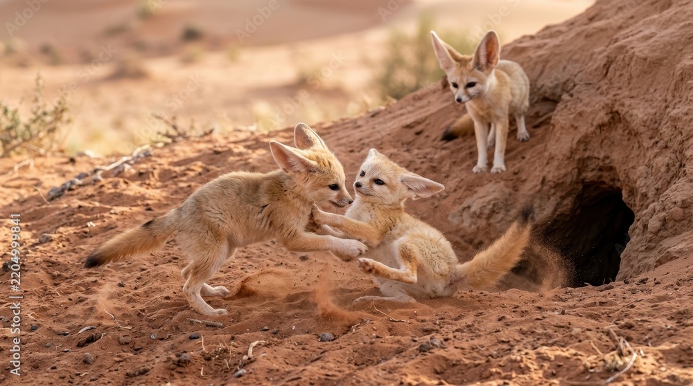Obraz premium Desert Playtime: Three adorable fennec foxes tumble and play in the warm sand near their burrow, their large ears twitching with curiosity in the arid desert landscape.