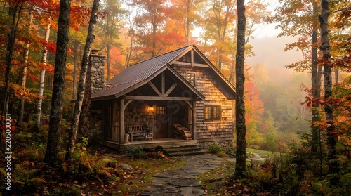 Rustic wooden cabin nestled in a autumn forest with colorful fall foliage and mist sunlight landscape environment wilderness exterior architecture building vacation atmosphere peaceful