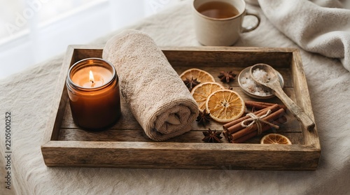 Relaxing spa tray with scented candle rolled towel dried orange slices cinnamon tea cinnamon relaxation wellness fragrance interior lifestyle