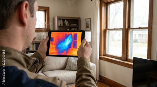 Man inspecting home insulation with thermal imaging tablet