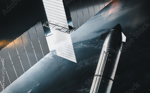 Spacecraft Beside a Large Solar Panel Satellite in Earth Orbit, 3D Illustration