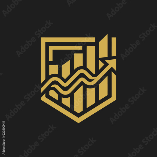 Golden Business Growth Chart Emblem with Upward Arrow and Wavy Line Isolated