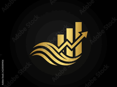 Golden finance graph with arrow and wave elements isolated on black background