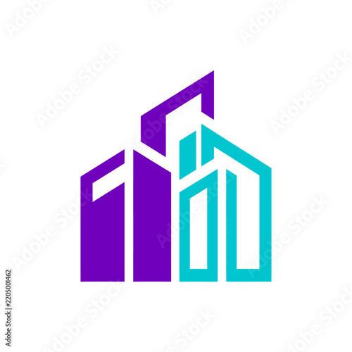 Modern Abstract Building Icon Logo Design Purple and Teal Geometric Shapes Isolated on White