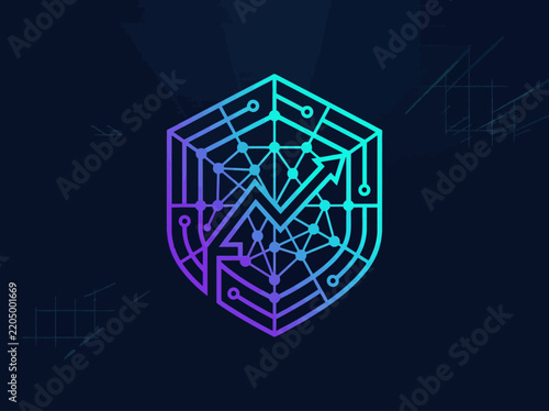 Digital Security Shield with Upward Arrow and Network Connections Cyber Security Concept