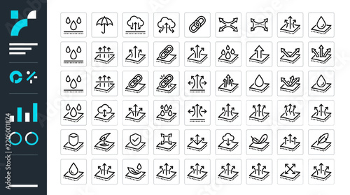 Comprehensive Textile Technology Icon Set featuring minimalist black line icons of material properties like breathability and waterproofness, ideal for garment manufacturing websites.